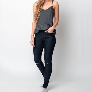 Charcoal Gray Ruffle Hem V-Neck Tank Top